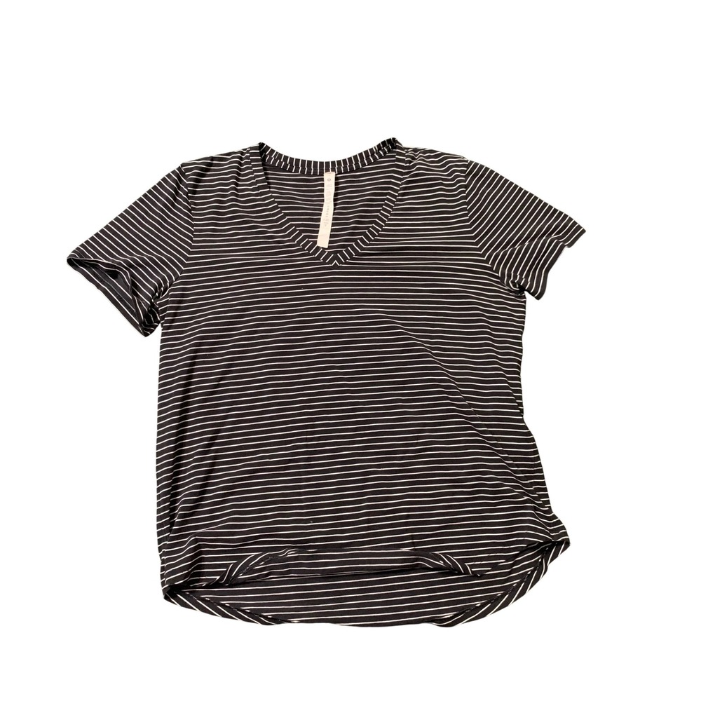 Lululemon V-Neck Tee Womens 12 Black White Love Tee Striped Short Sleeve LW3FVRS